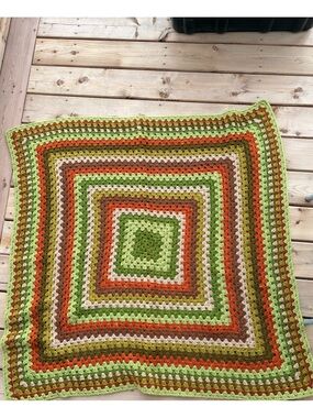 Handmade Crochet Throw Blanket in Green, Orange & Brown